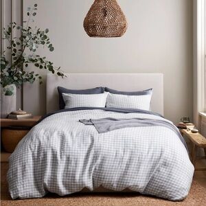 Quince European Linen Full/Queen Blue Fog Gingham Duvet Cover Set